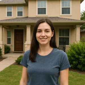 A young woman smiles in front of a beige two-story sober living home in Austin, TX, symbolizing independence and ongoing recovery.