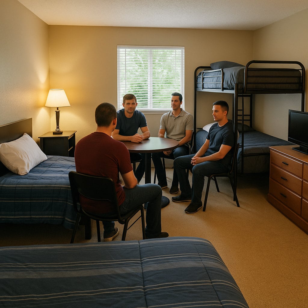 Men in a shared sober living bedroom discussing recovery at Eudaimonia Recovery Homes in Austin, Texas.