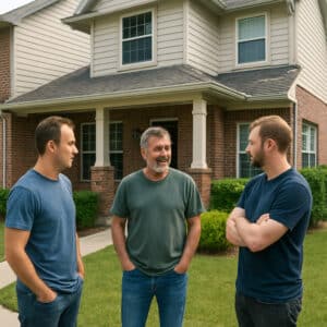Men talking outside a sober living community home in Houston, Texas, representing peer support and structure in men sober living.