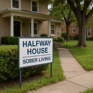 Front view of a halfway house in Austin, Texas with a sign reading “Halfway House Sober Living,” illustrating the difference between halfway houses and sober living homes.