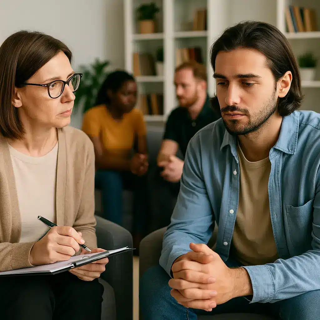 A realistic group therapy session showing adults discussing recovery, representing life after addiction and the supportive environment found in sober living homes.