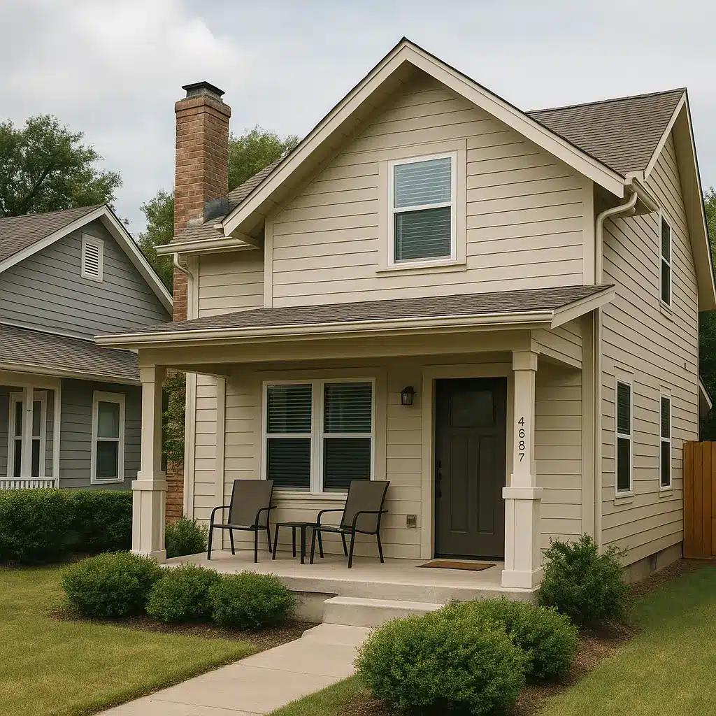 A realistic recovery home in Austin featuring a well-kept front porch and welcoming sober living environment, representing extended care housing options.