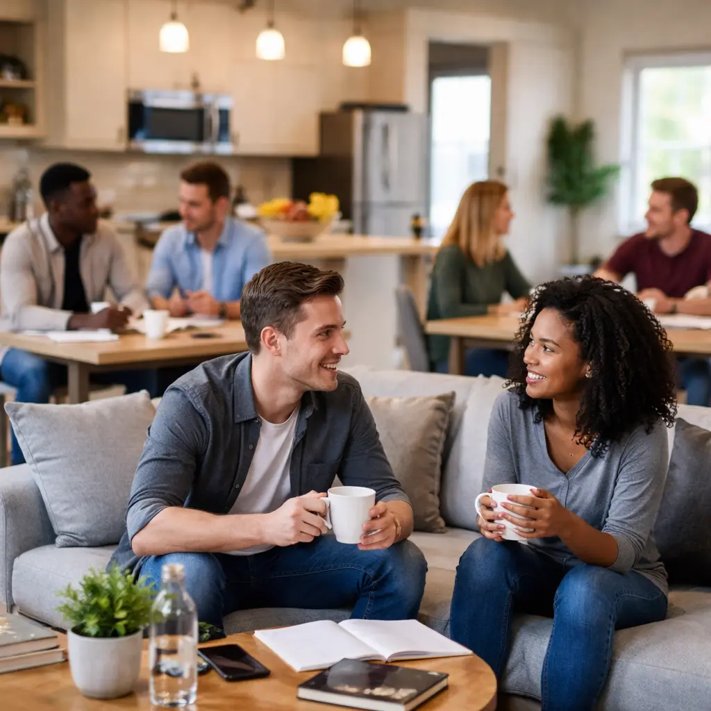 Residents connecting in a shared sober living home in Austin, highlighting supportive amenities that promote life after addiction.