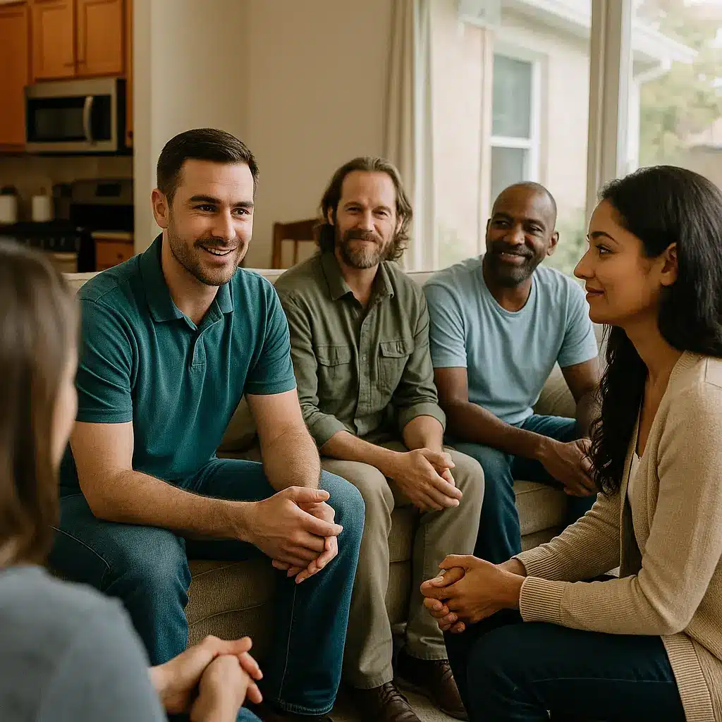 A diverse group of adults sitting together in a supportive recovery housing environment, engaged in a calm group discussion in an Austin recovery setting.