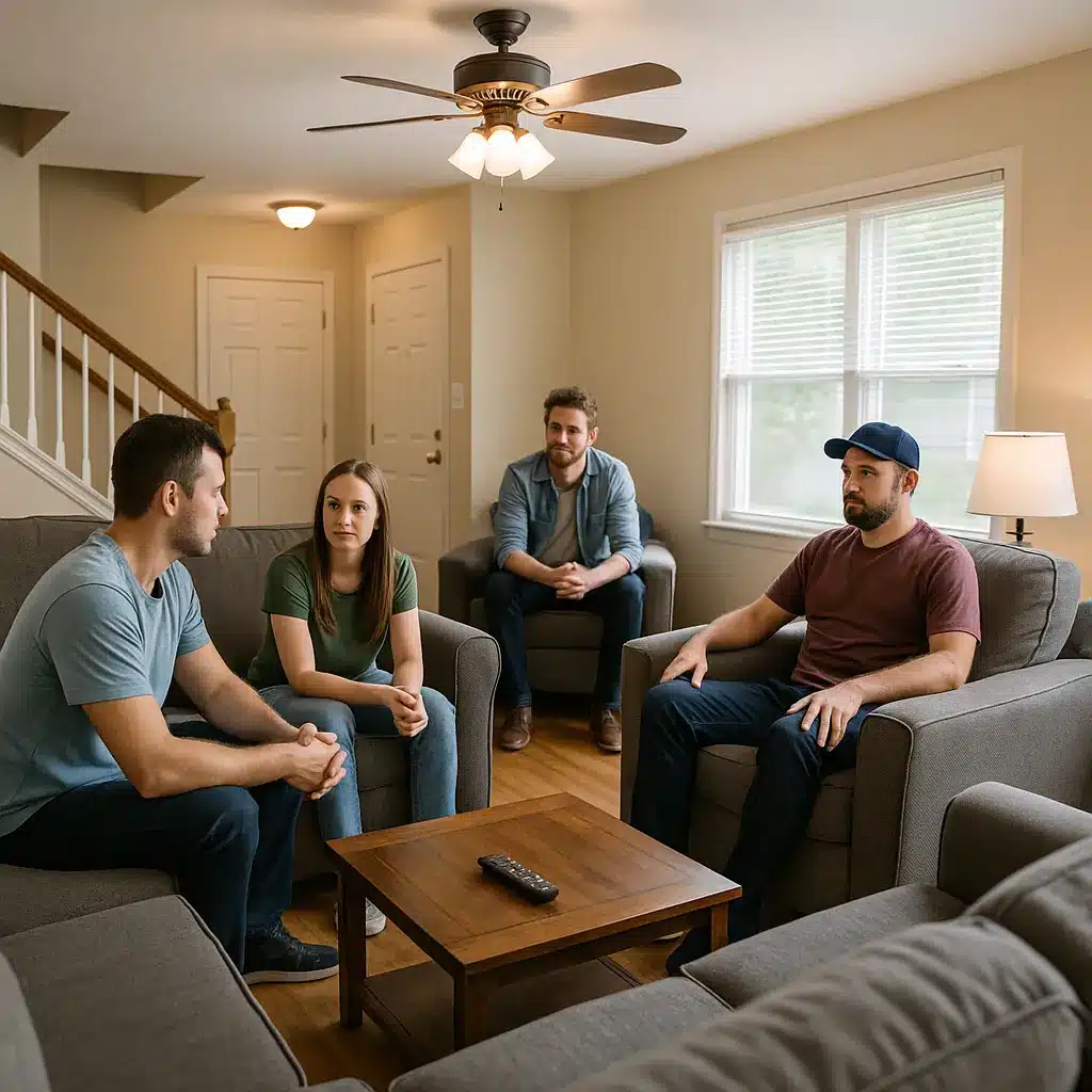 Residents in a Philadelphia recovery home sitting together in a supportive living room environment, representing addiction recovery and drug rehab Philly support.