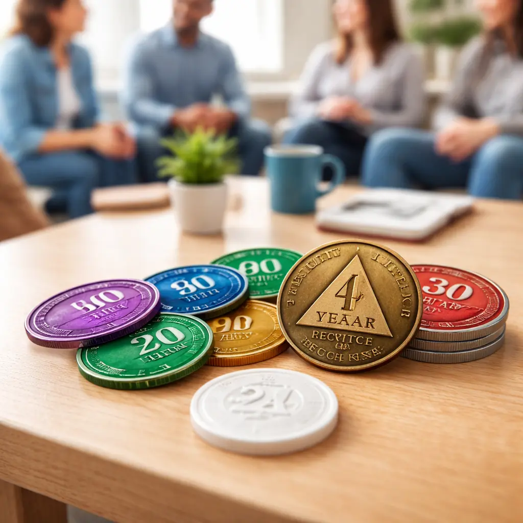 Sobriety coin milestones displayed on a table during a recovery support meeting