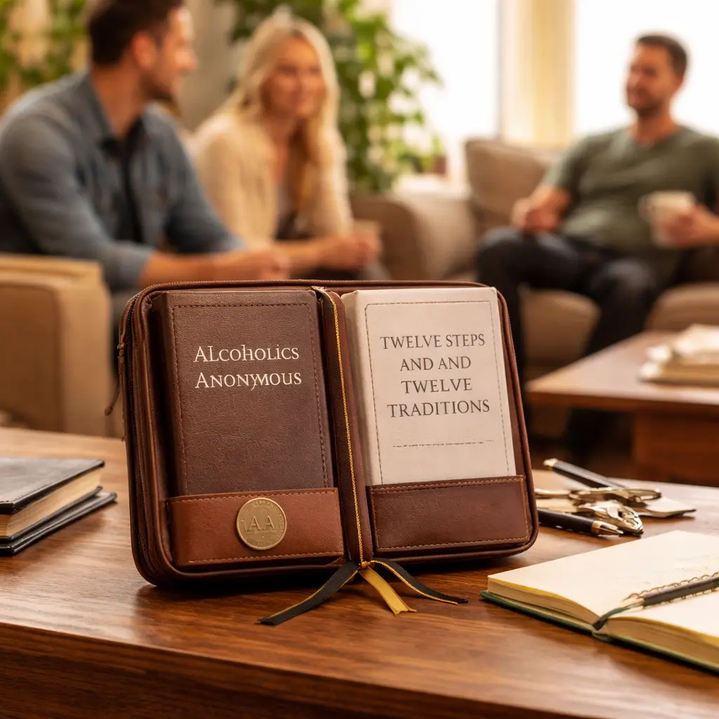 AA Big Book leather cover holding the Alcoholics Anonymous Big Book and Twelve Steps and Twelve Traditions on a table in a sober living home