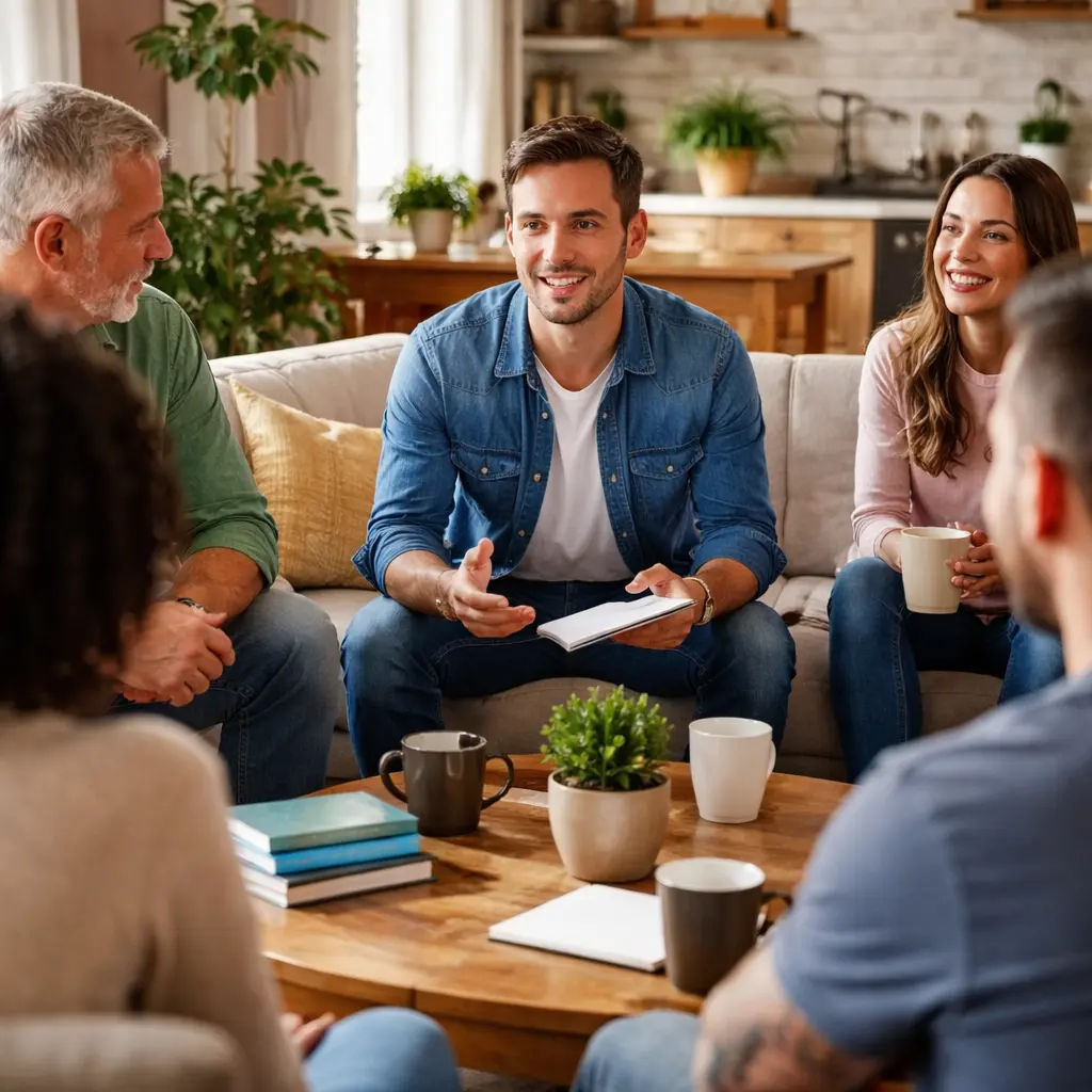 People in an Alcoholics Anonymous recovery home discussing the third step prayer AA in a supportive group setting