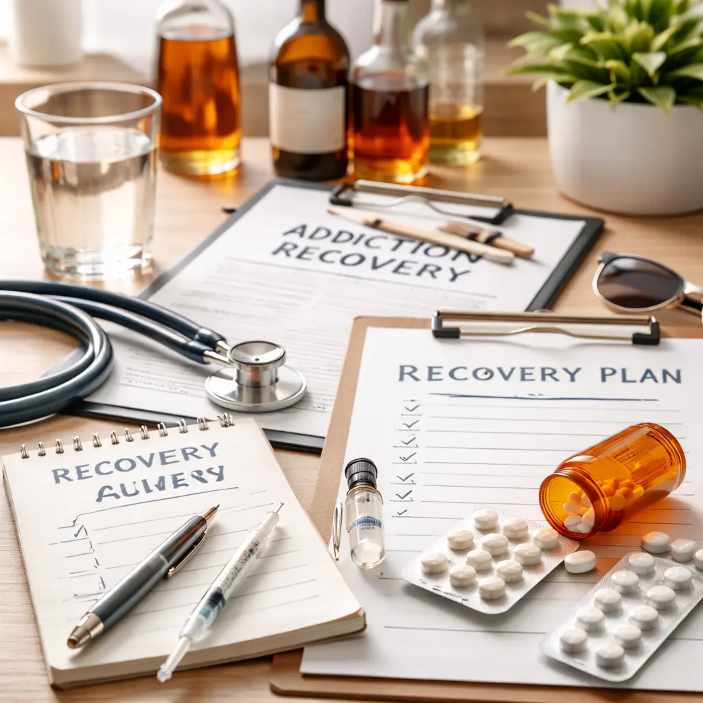 Alcohol craving medication and recovery planning materials representing treatment options to help stop drinking alcohol
