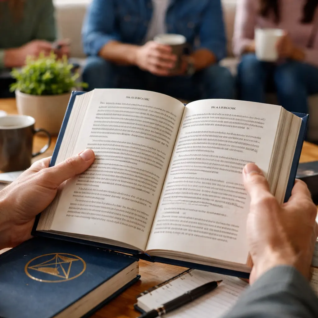 Hands holding the Alcoholics Anonymous Big Book during a group recovery meeting focused on the third step prayer