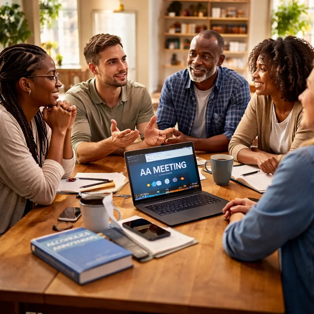 Group attending an AA meeting on Zoom together in a shared living space