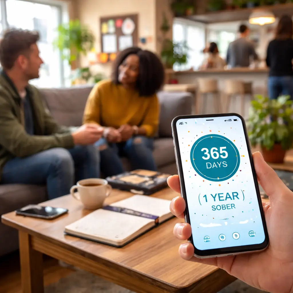 Person holding a smartphone with a sobriety tracker app showing days sober while sitting in a supportive sober living environment