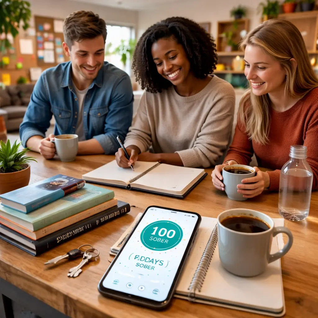 Group in recovery using a sobriety tracker app and journal to track sober time together in a shared living space