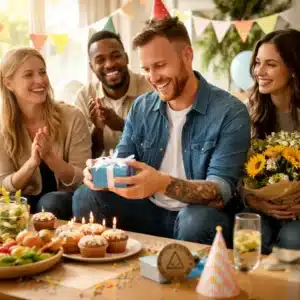 Friends celebrating sober birthday with meaningful gifts and cupcakes in a supportive recovery setting