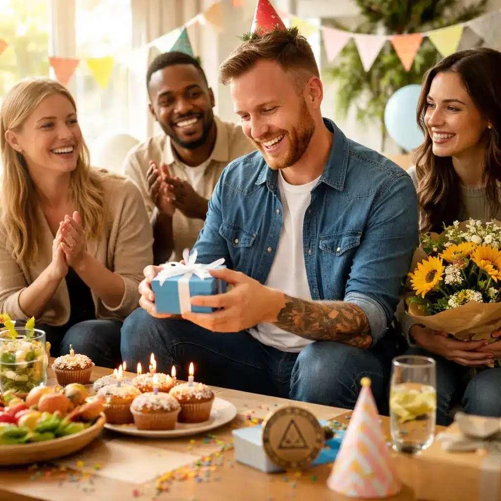 Friends celebrating sober birthday with meaningful gifts and cupcakes in a supportive recovery setting