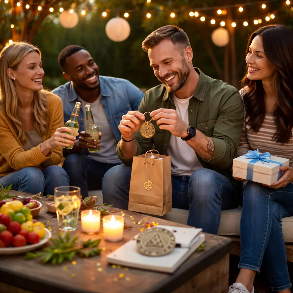 Sober anniversary celebration with friends exchanging recovery gifts in a relaxed outdoor setting