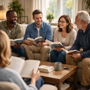 Group of adults in sober living reading the AA Twelve Steps and Twelve Traditions together