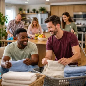 People in recovery working together on shared household responsibilities, reflecting AA Tradition One and common welfare.