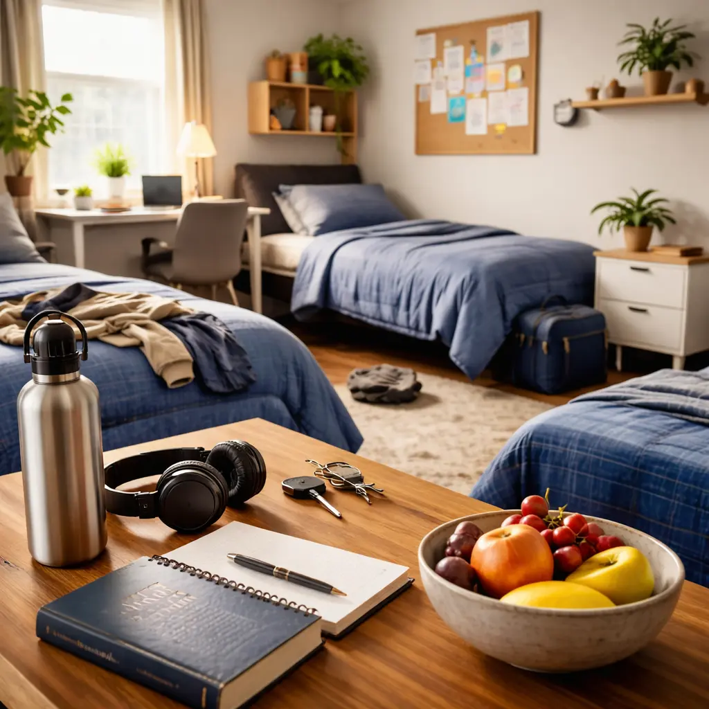 Sober living bedroom with journal, headphones, water bottle, and organized personal space for recovery