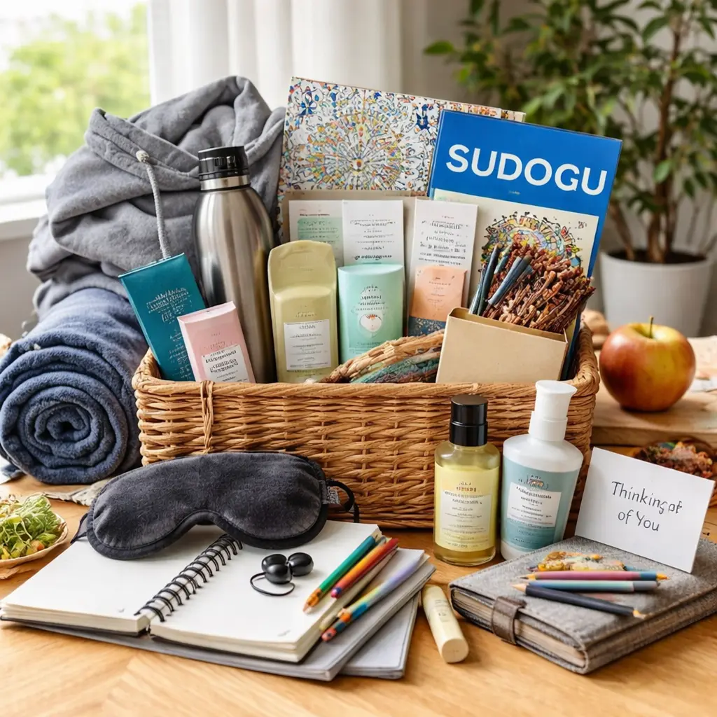 Care package for someone in rehab with comfort items, journal, water bottle, and personal care essentials