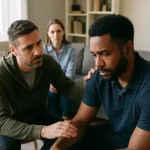 A support group comforting a man showing signs of addiction behavior during a recovery discussion in a calm home setting.