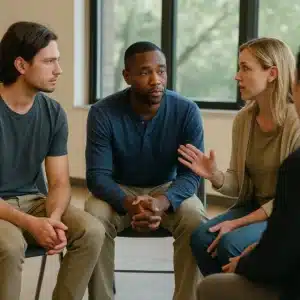A diverse group of adults participating in an in-person NA and AA-style substance abuse support meeting, sitting in a circle and talking in a calm, supportive setting.