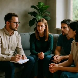 A supportive outpatient rehab group session in a calm, home-like setting, showing adults engaged in guided discussion as part of addiction recovery in Philadelphia.