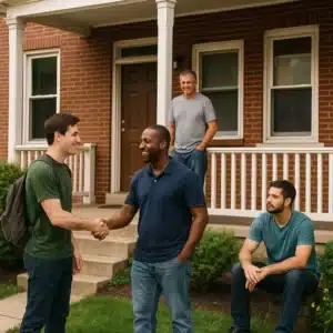 Men standing and interacting outside a well-kept sober living house in Philadelphia, representing recovery housing and structured peer support.