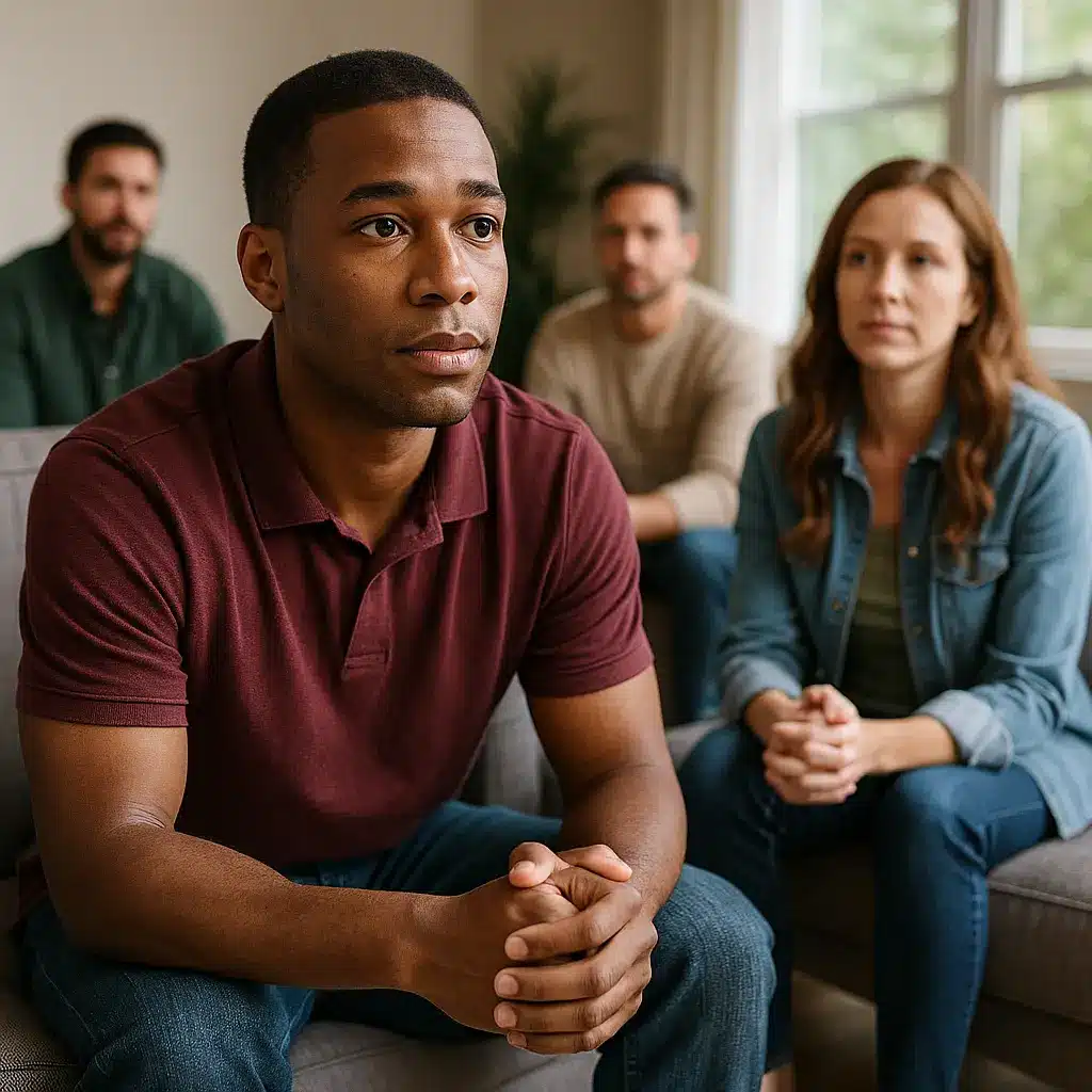 A group of adults sitting together in a calm, supportive sober living environment, representing fresh start sober living programs in Colorado Springs.