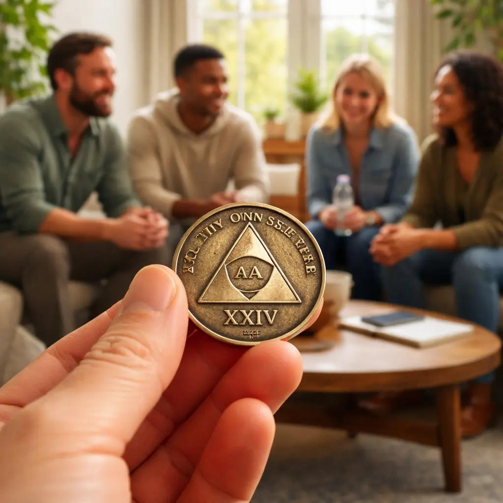 Hand holding a unity service recovery coin during a group recovery meeting in a sober living environment
