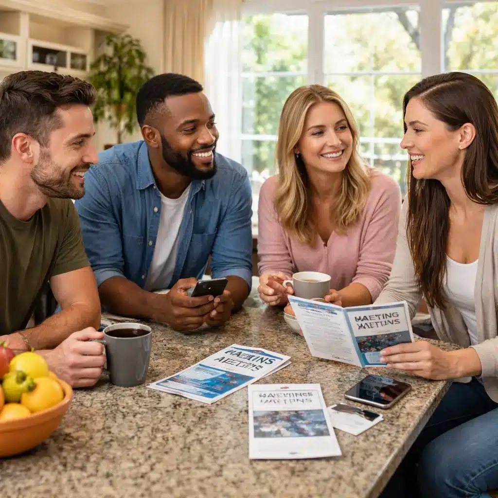 Adults in recovery housing reviewing AA and Narcotics Anonymous meeting options together in a shared kitchen.