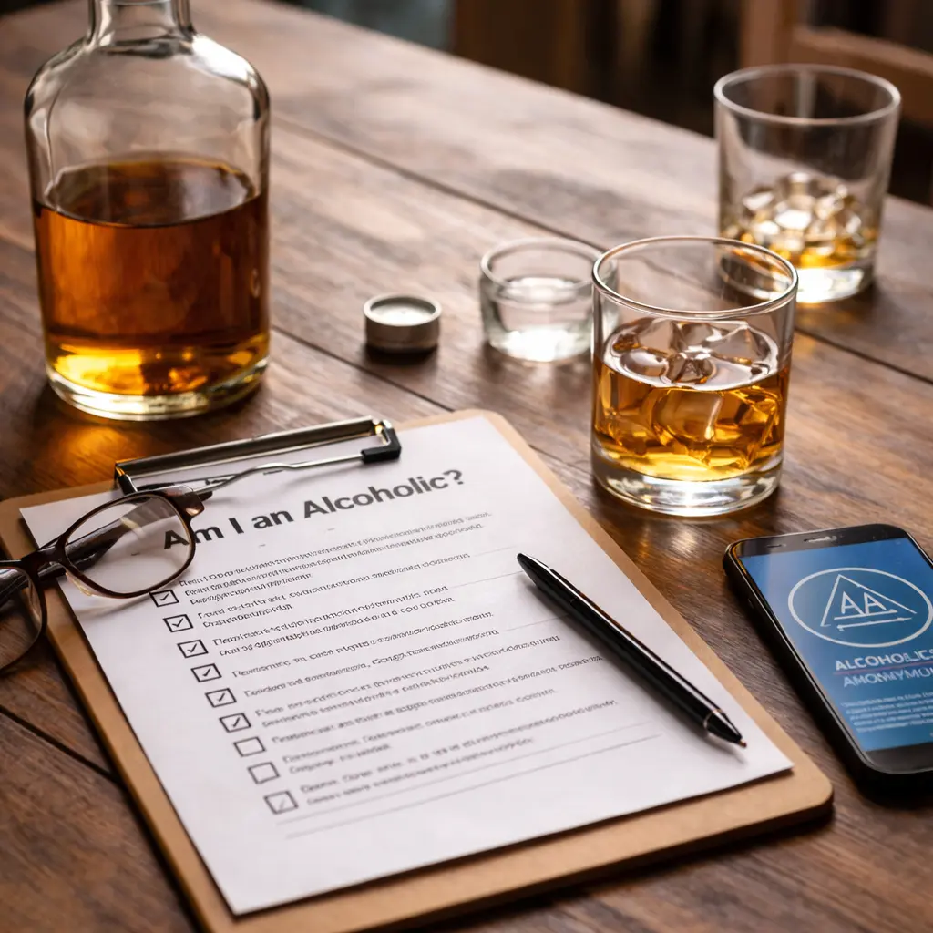 Alcohol self-assessment checklist on a clipboard next to a glass of whiskey, representing how to know if you are an alcoholic.