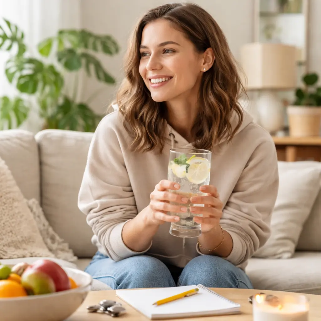 Person relaxing at home while celebrating 30 days sober with a non-alcoholic drink during early sobriety support
