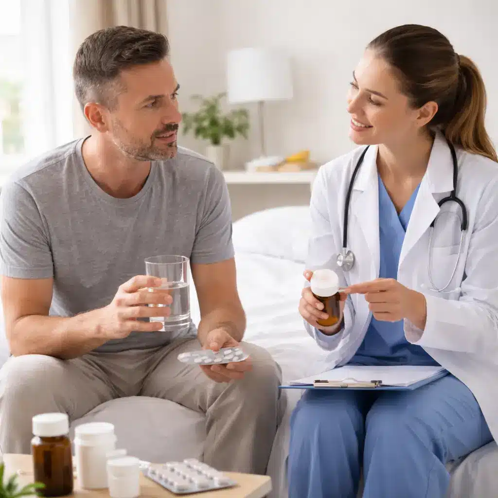 Patient receiving guidance on detoxification medication during early sobriety and substance detox care