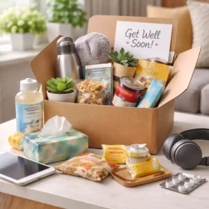 Get well care package with hydration, snacks, and comfort items set up in a bright living room