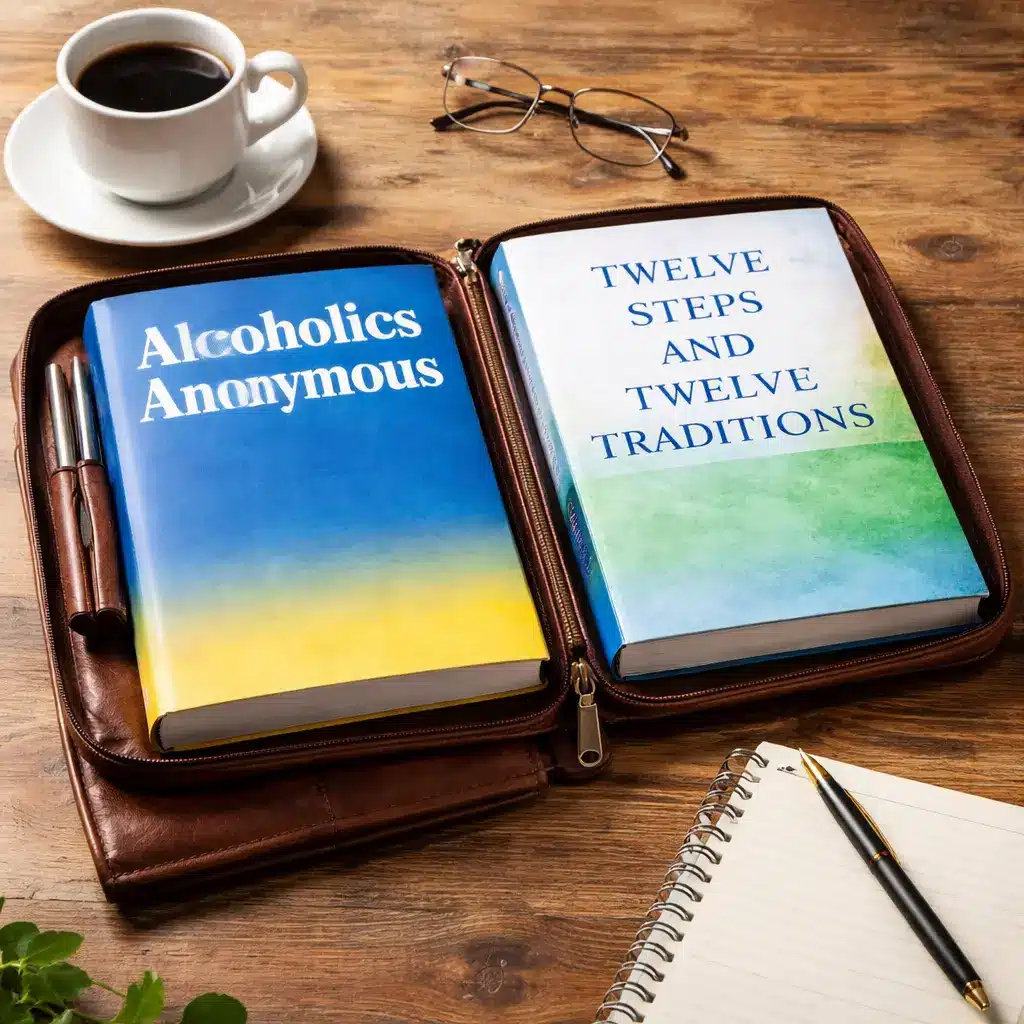 AA Big Book and Twelve Steps and Twelve Traditions book inside a leather AA book cover on a wooden table