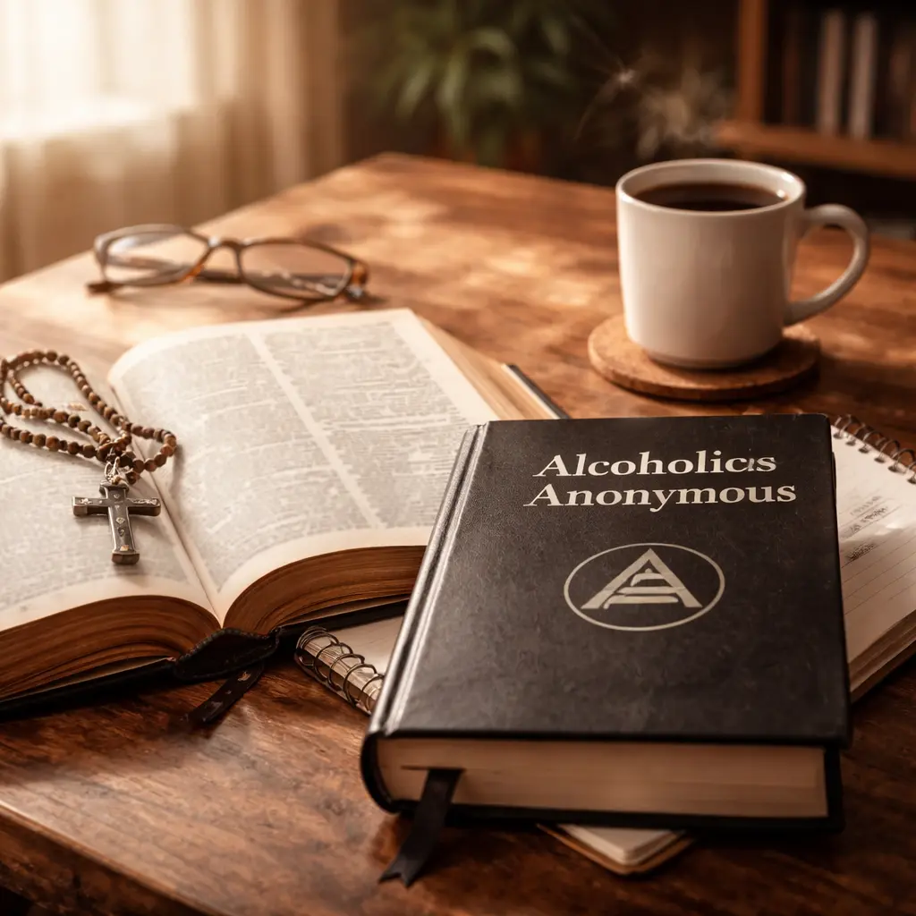 Open Bible and Alcoholics Anonymous Big Book on a table representing AA and Christianity in recovery