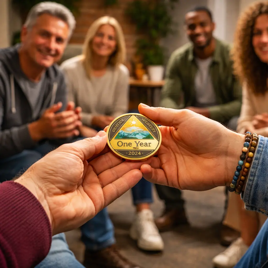 Custom sobriety coin being presented during a recovery meeting to mark a one year sobriety milestone