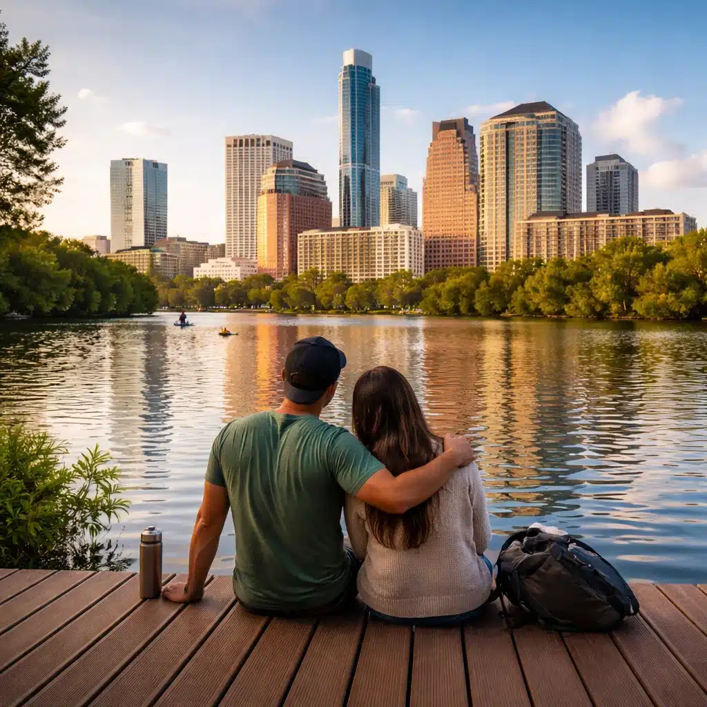 Couple sitting by Lady Bird Lake in Austin, Texas, reflecting on their sobriety journey and enjoying a calm, alcohol-free lifestyle