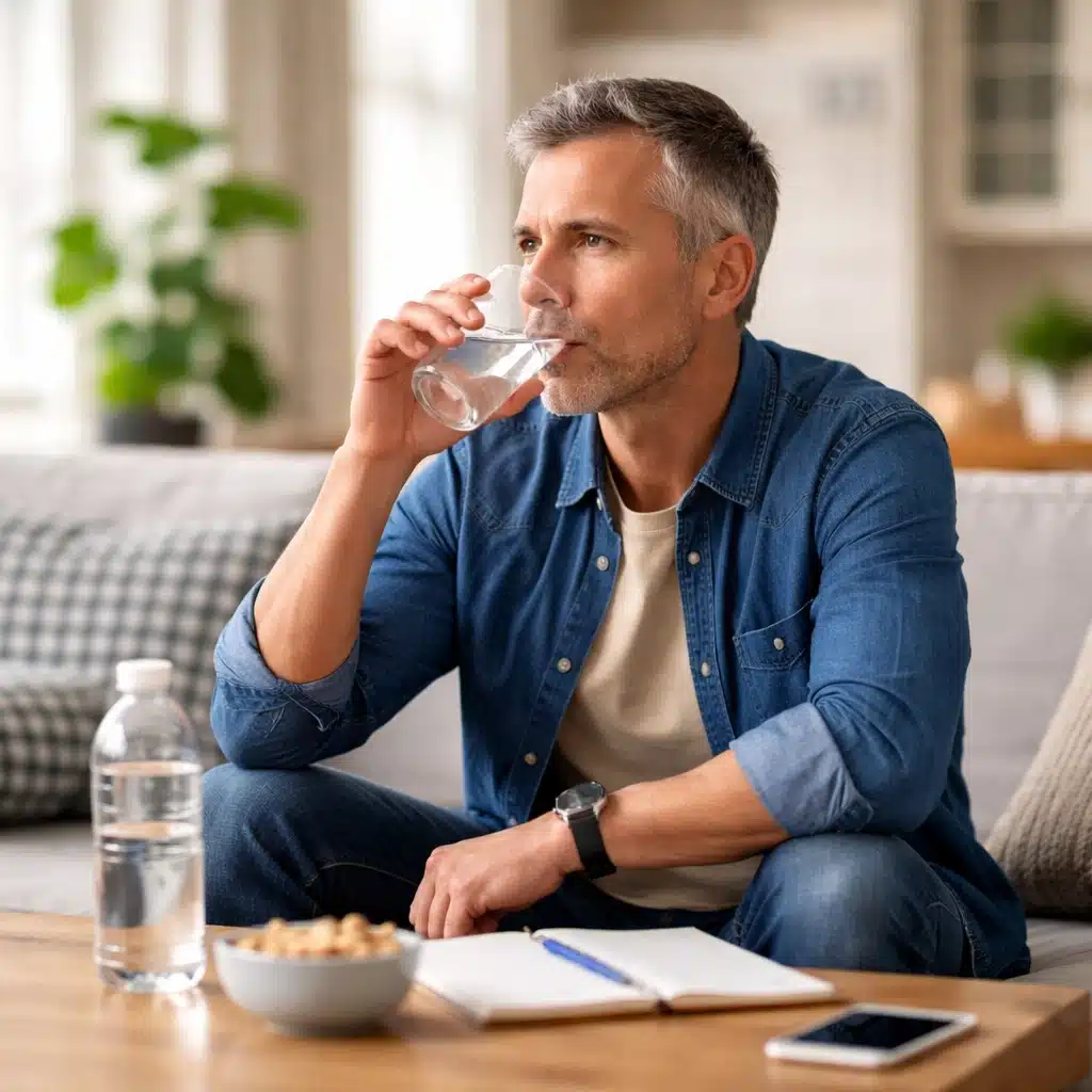 Man practicing sobriety at home by drinking water instead of alcohol in a calm living room setting