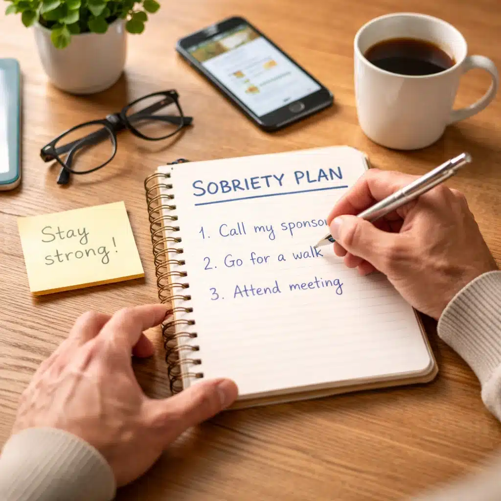 Sobriety plan written in a journal with simple steps to stay sober from alcohol