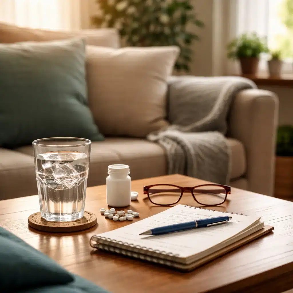 Alcohol detox recovery scene showing water, medication, and a journal during early alcohol withdrawal days