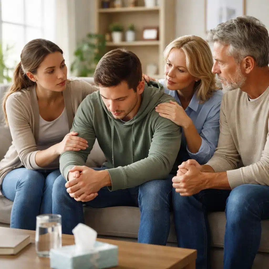 Support group providing encouragement to a man struggling with addiction and emotional distress in a recovery-focused environment.