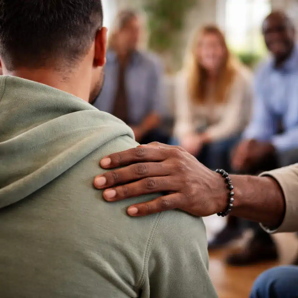 Supportive moment during an AA meeting showing encouragement for someone learning how to join Alcoholics Anonymous.