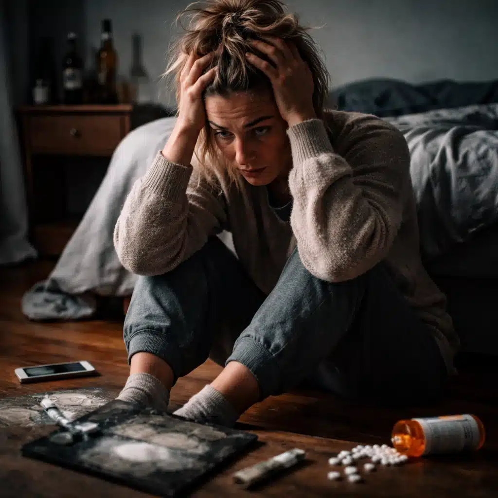 Woman experiencing signs of addiction and substance use disorder symptoms while sitting alone in a bedroom
