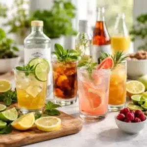Assorted non alcoholic drinks made with citrus, herbs, and sparkling water on a bright kitchen counter
