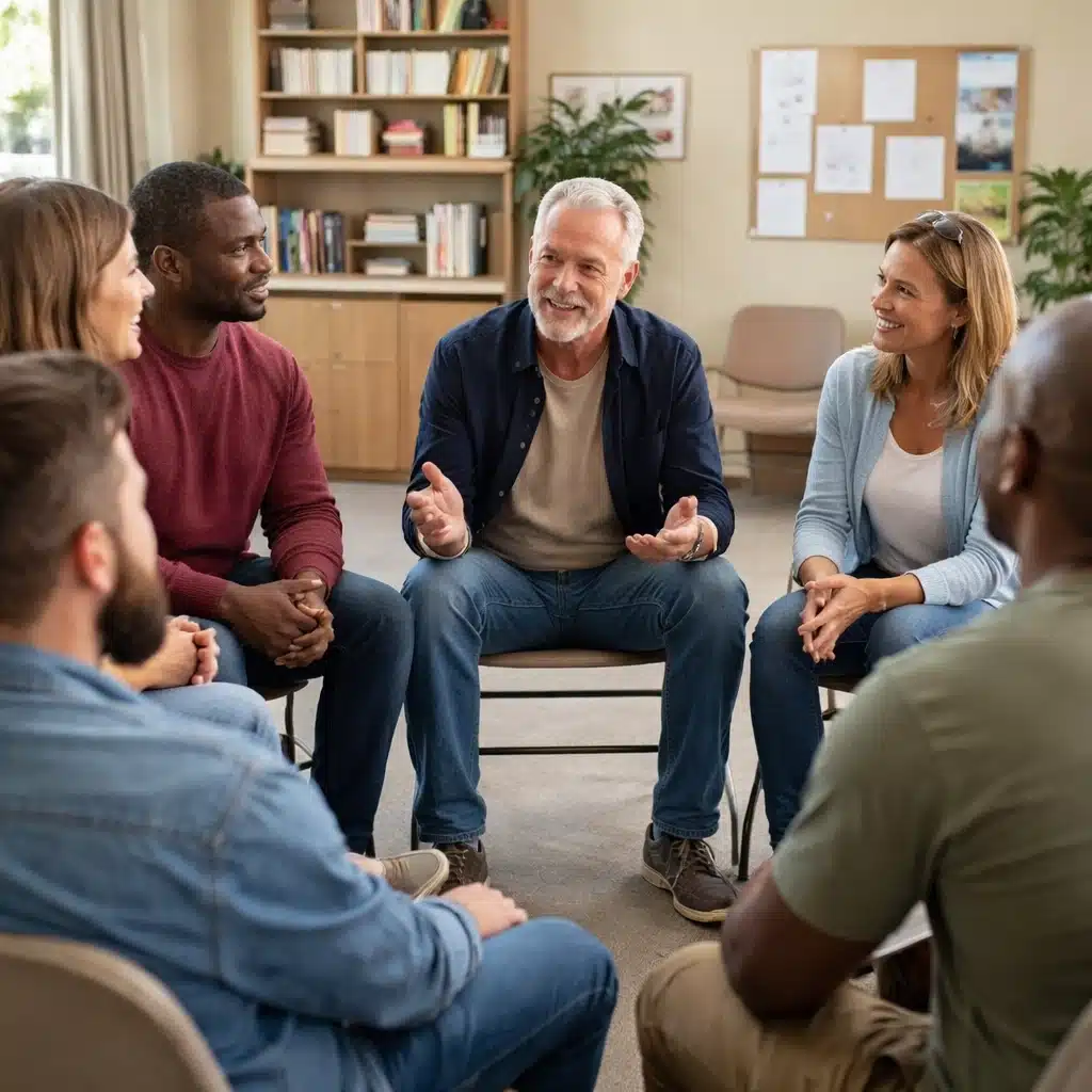 Alcoholics Anonymous meeting with adults seated in a circle discussing recovery and the meaning of AA support