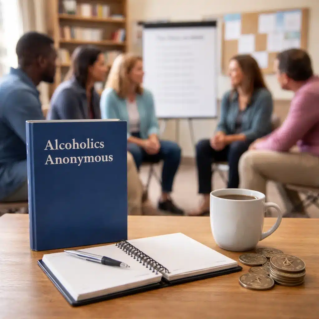 Alcoholics Anonymous book and sobriety chips on a table during an AA meeting discussion