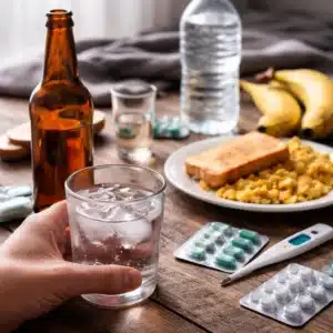 Person holding a glass of water with breakfast food and alcohol bottles on a table while trying to sober up after drinking