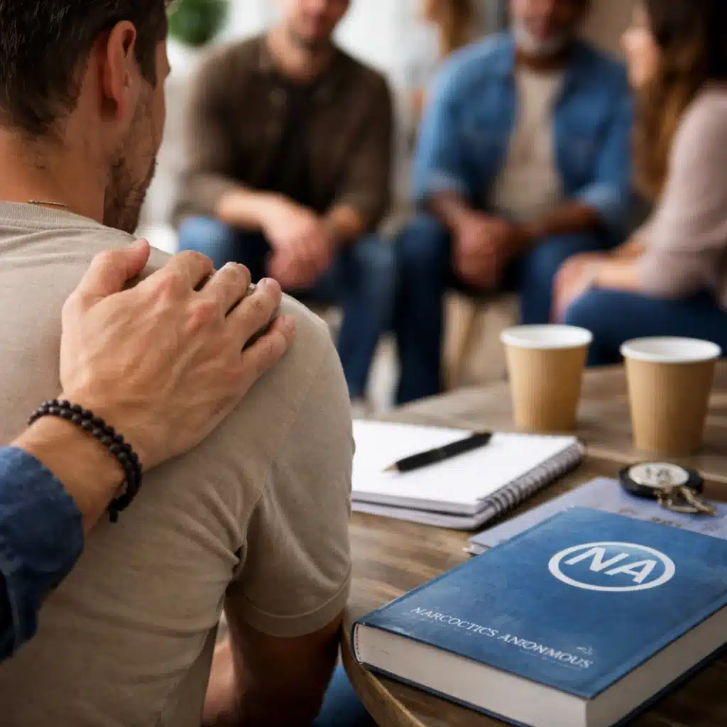 Supportive moment at a Narcotics Anonymous meeting with recovery literature on a table in Austin TX